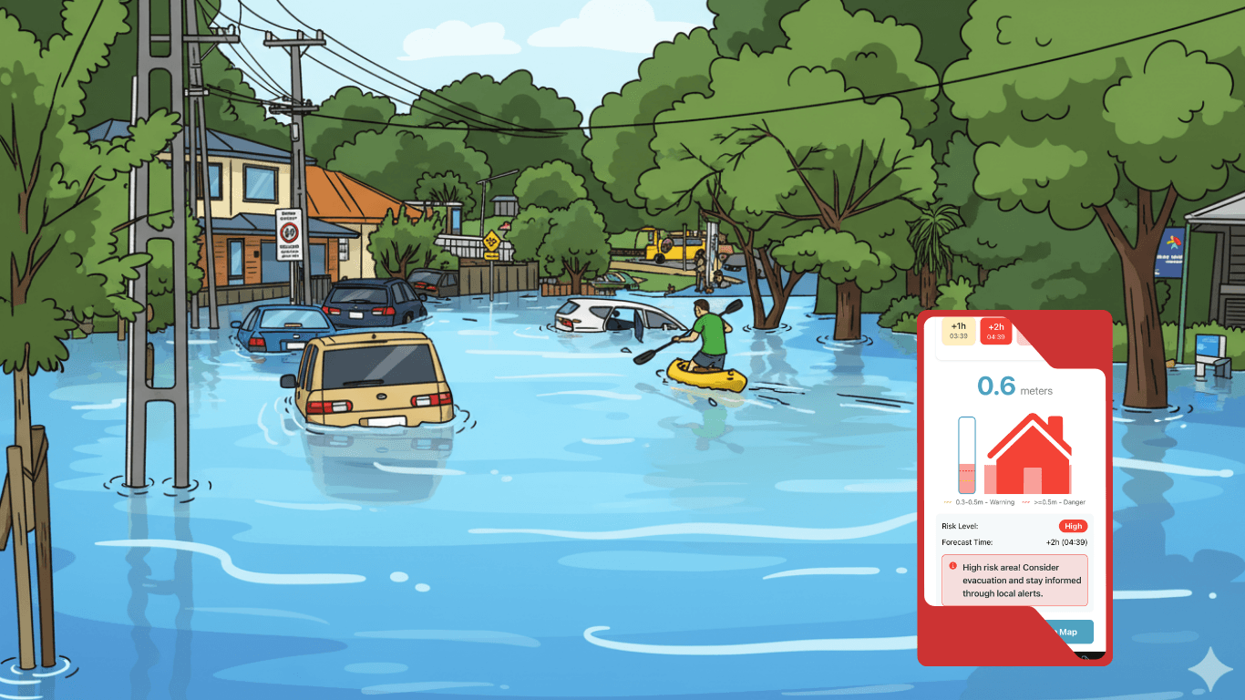 HydroNet Flood Forecasting Game - Interactive flood simulation with mobile app interface